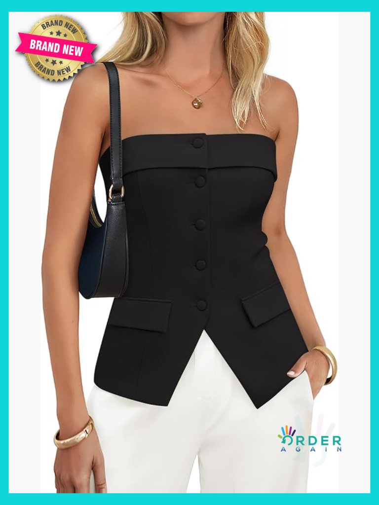 Strapless Blazer Vest Sleeveless Button Down Tube Top Trendy Waistcoat